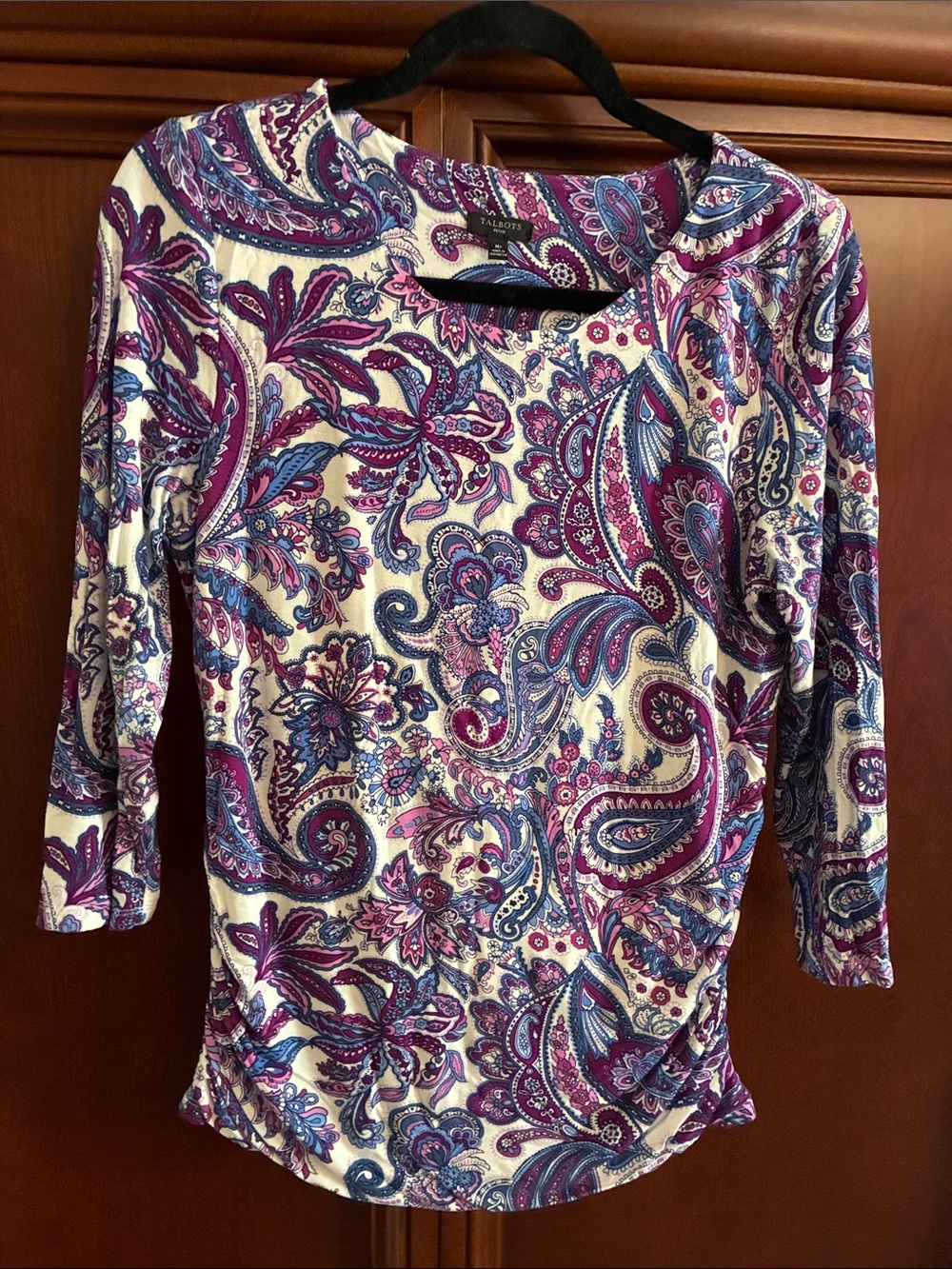 Talbots Paisley Scoop Neck Long Sleeve Top in Purple and Cream